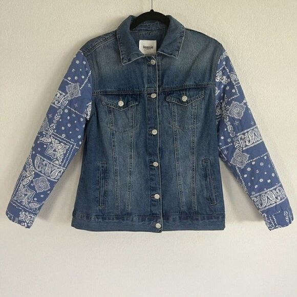 Kensie Vintage Luxe Jean Jacket Blue Pippa Bandana Quilted Paisley sleeve Small - Picture 1 of 12